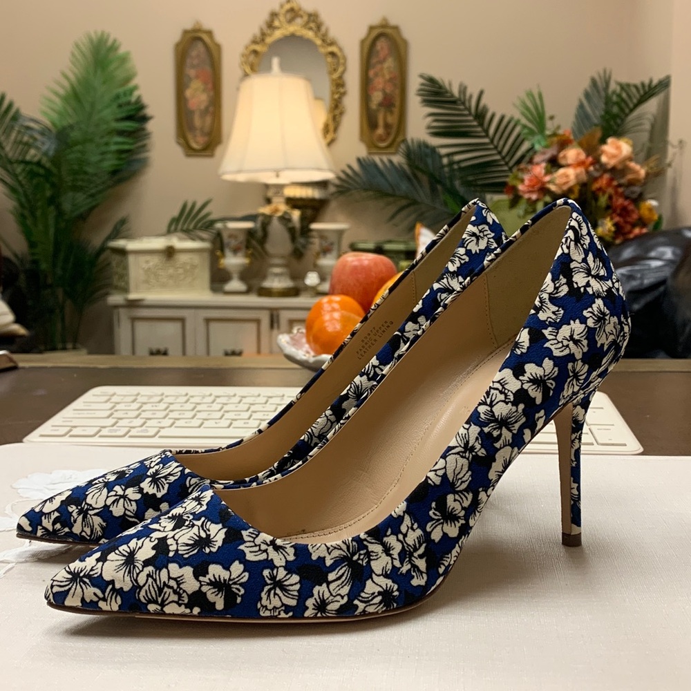J. Crew Blue/White Floral Slip On Pointed Toe Heels Size 7.5